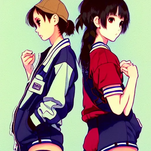 Image similar to a beautiful! boyish! natalie portman alluring gravure! model, wearing oversized mayan bomber jacket and leotard with overalls, bulky poofy bomber jacket with mayan patterns, gapmoe yandere grimdark, trending on pixiv fanbox, painted by greg rutkowski makoto shinkai takashi takeuchi studio ghibli, akihiko yoshida