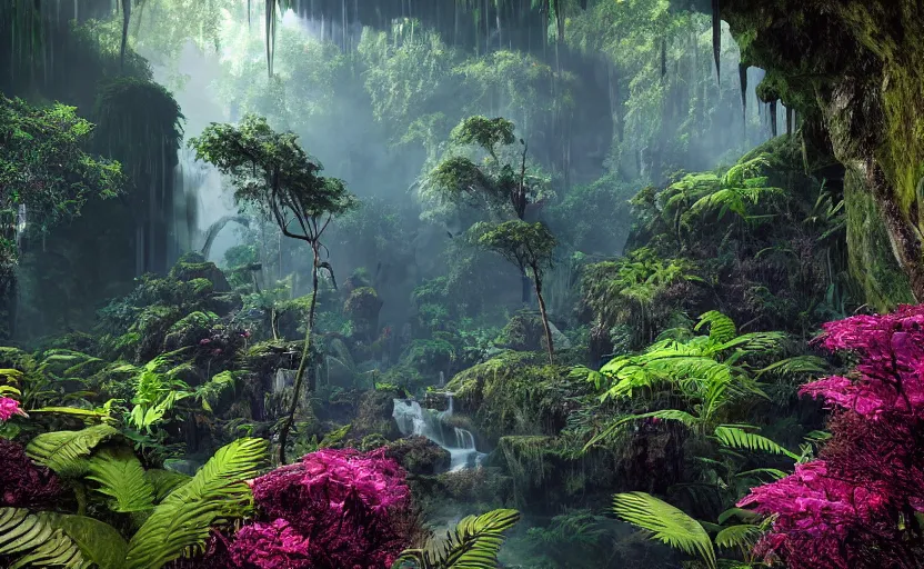 Image similar to a beautiful render of a dark prehistoric rainforest in a humongous cave, lush flora, patches of sky, magenta flowers, sunset, floating mountains and a waterfall in the background, intricate detail, hazy, humid, volumetric lighting, 8 k, photorealistic, raytracing effects, unreal engine 5