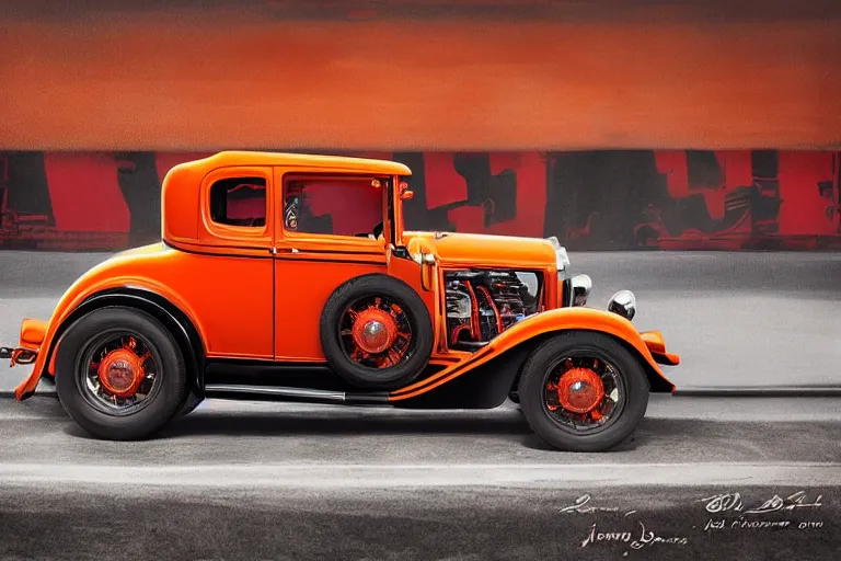 Image similar to a beautiful lowbrow pop art illustration of a 1 9 3 0 model a ford hot rod, red, orange and black with the motor exposed driving down a busy street in chicago, 8 k resolution, whimsical, octane render, detailed painting, by jasmine becket - griffith and danny flynn