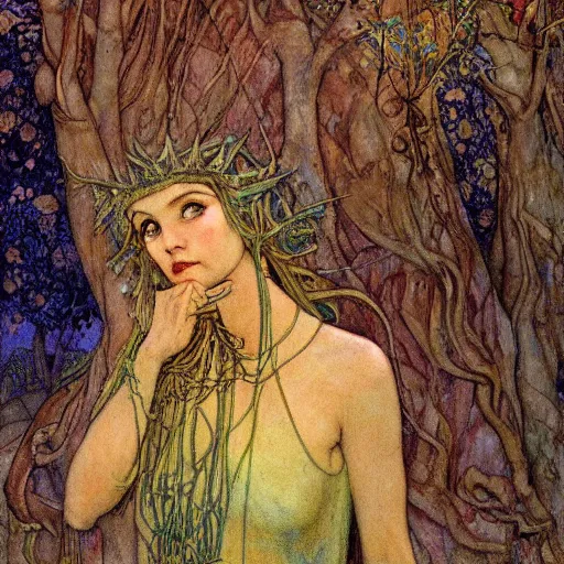 Image similar to the queen of the forest in a tree, by Annie Swynnerton and jean delville and Edmund Dulac and Nicholas Roerich and Tino Rodriguez, elaborately costumed, rich color, dramatic cinematic lighting, extremely detailed