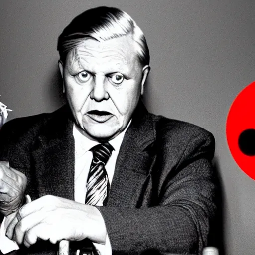 Prompt: evil david attenborough with red eyes destroys the environment, horror, full body, dystopian future