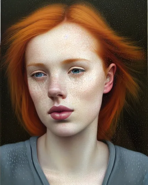 Image similar to portrait of an ethereal ginger beauty in the rain, wet freckles, by mary jane ansell