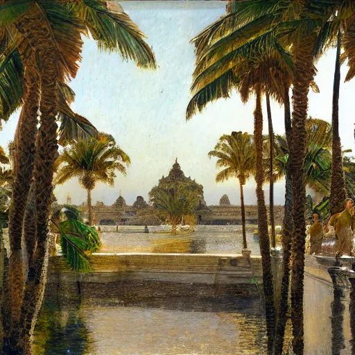 Image similar to a ultradetailed beautiful painting of the amazonas palace balustrade designed by jules bastien - lepage, hans belmer, frank weston and gustave baumann, beach, trending on artstation, mediterranean, palm trees, refracted color sparkles, sharp focus, soft light, 8 k 4 k