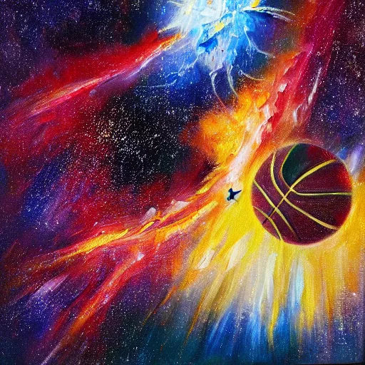 Image similar to an expressive oil painting of a basketball player dunking, depicted as an explosion of a nebula