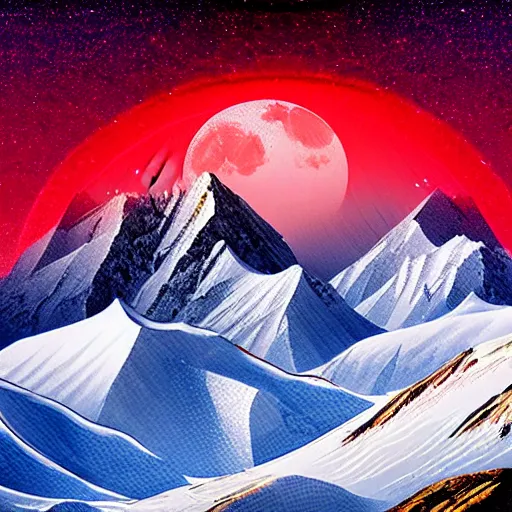 Prompt: 8k portrait of Kashmir with icy mountains landscape and red moon and stars with faint aurora