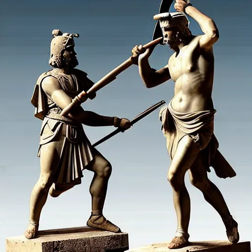 Image similar to greek warriors fighting against ducks, ancient greek statue, epic, detailled