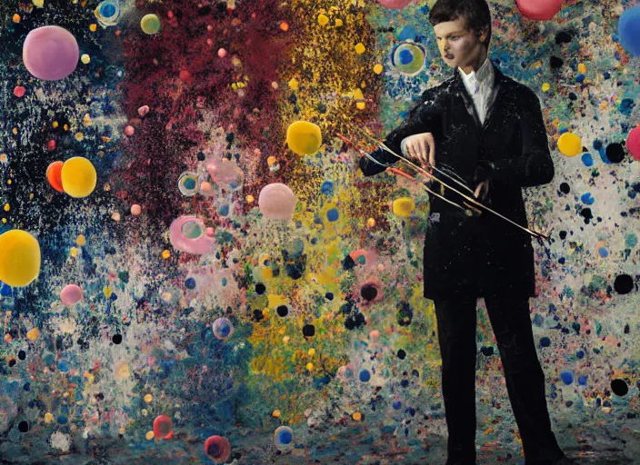 Prompt: portrait of a young violinist focusing, violin in hand, painted by vincent lefevre and hernan bas and pat steir and hilma af klint, psychological, symmetrical face, dripping paint, washy brush, background with hundreds of bubbles of memories by andreas gursky, rendered in octane, altermodern, masterpiece