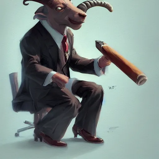 Image similar to award winning character art commission of an anthro furry humanoid goat smoking a cigar, three piece suit, character concept design, painting, detailed, vivid, trending on artstation, art by greg rutkowski