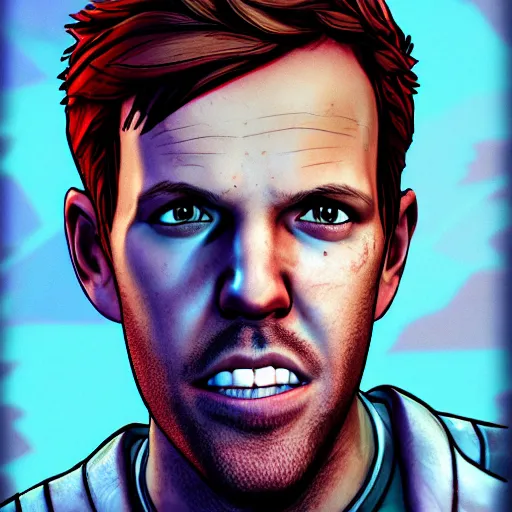 Image similar to sebastian vettel portrait, borderlands, tales from the borderlands, the wolf among us, comic, cinematic lighting, studio quality, 8 k