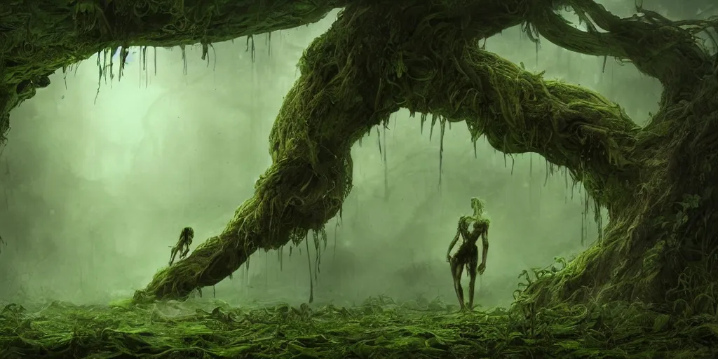 Prompt: a highly detailed matte painting of a faun woman absolutely drenched in green slime and crawling out of a plant pod, ominous, foreboding, moody, hd, concept art, artstation, deviantart,