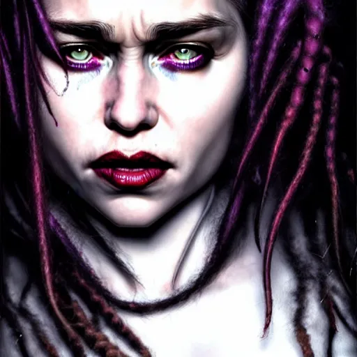 Image similar to portrait of emilia clarke cybergoth dreadlocks, dark, piercing eyes, exotic expression, esoteric clothing, photorealistic, highly detailed, mysterious lighting, artstation, smooth, sharp focus, art by michael whelan, artgerm, greg rutkowski and luis royo