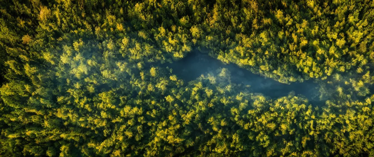 Image similar to Forest landcape photo, mountains, river, cinematic lighting, 4k, Earth, wind, reflections