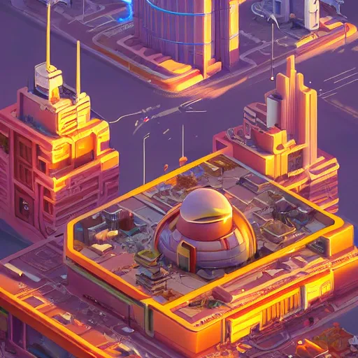 Prompt: isometric cybercity, golden hour by tyler edlin and petros afshar and christopher balaskas and marius borgeaud and kiliain eng, global illumination, ambient occlusion, 3 0 mm, well proportioned, highly detailed, rule of thirds