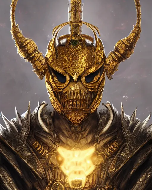 Image similar to a highly detailed portrait of ankou the evil lord staring with anger and wearing ornate armor made of sci fi panels and a gold death mask, death and corruption, smooth, intricate, sinister, evil energy, souls of the dead, dark aura, matte painting, artstation, evild ark color scheme, dark fantasy sci fi, sharp focus, cgsociety