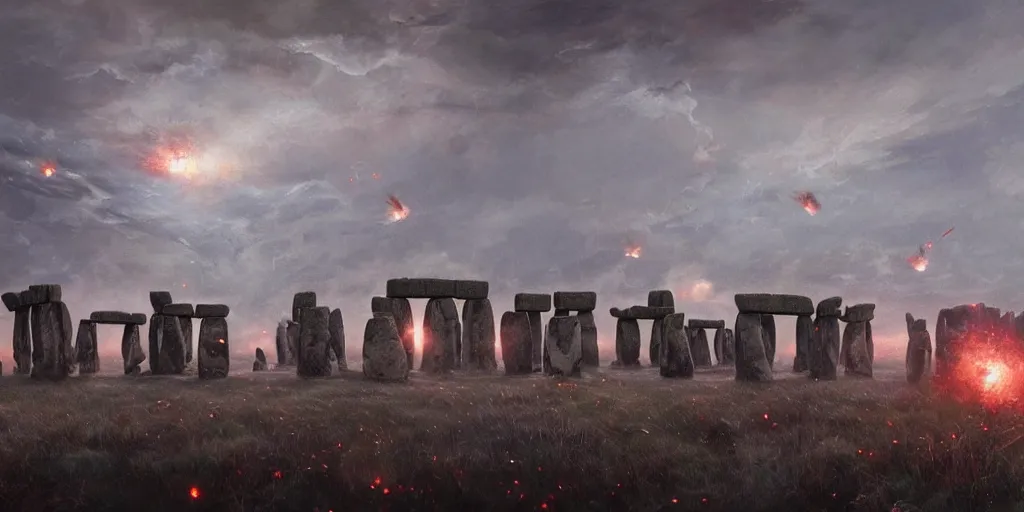 Prompt: masterpiece painting of glowing stonehenge pieces scattered flying high in the air, wrapped in swirling fog, dust particles, chaotic, dynamic, dusk, concept art, by greg rutkowski