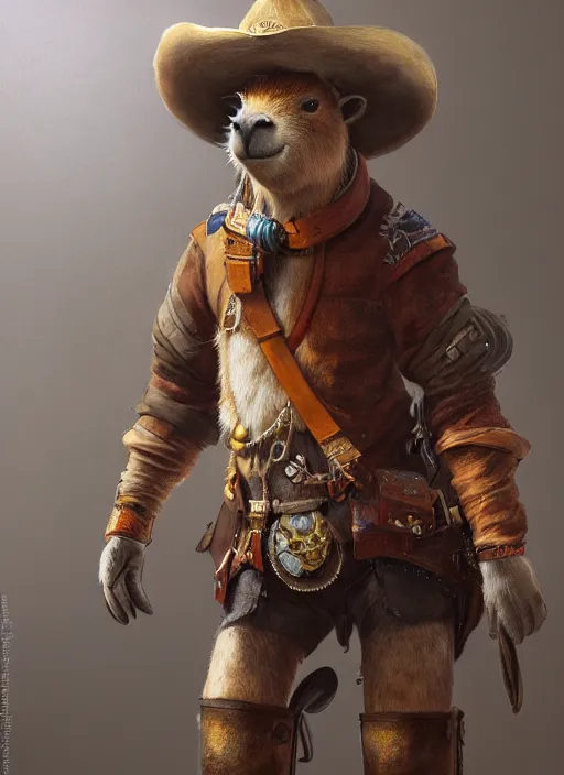 Prompt: detailed full body concept art illustration oil painting of an anthropomorphic capybara cowboy in full intricate clothing by Carel Fabritius, biomutant, ultra detailed, digital art, octane render