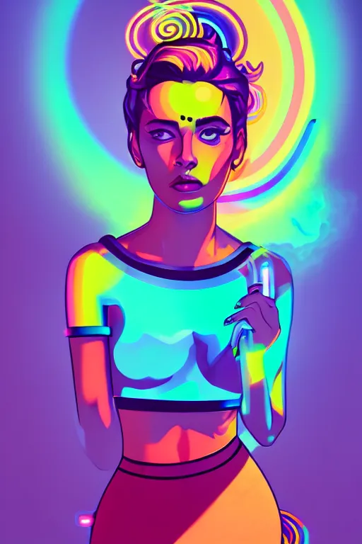 Image similar to a award winning portrait of a beautiful woman with stunning eyes in a one off shoulder croptop and cargo pants with rainbow colored hair, outlined by whirling illuminated neon lines and fine lines swirling in circles by james gilleard, digital art, trending on artstation