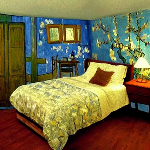 Image similar to a cozy bedroom interior with wall murals painted by van gogh, detailed, high resolution, wow!, intricate