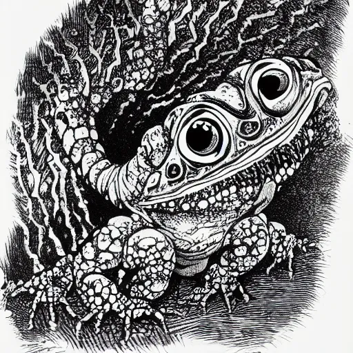 Image similar to deep camouflage angry toad evil eyes poking out eyes from under the water ultra sharp blur background simple background psychedelic contour ink drawing gustave dore katshushika Hokusai big eyes