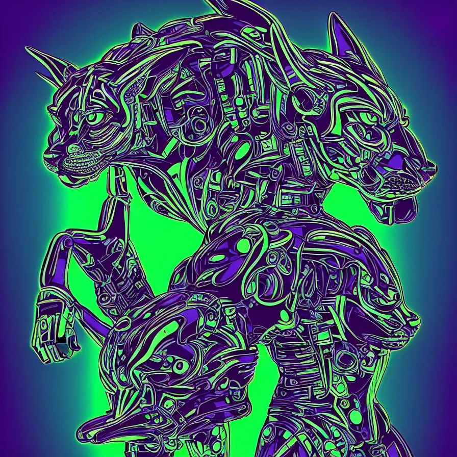 Image similar to a maximalist very detailed antropomorphic humanoid android with a head of a lynx. lowbrow blacklight color palette. artwork by subjekt zero