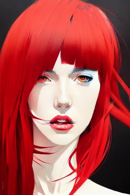 Image similar to a ultradetailed beautiful portrait panting of a stylish woman with red bangs, she is wearing a black dress, by conrad roset, greg rutkowski and makoto shinkai, trending on artstation