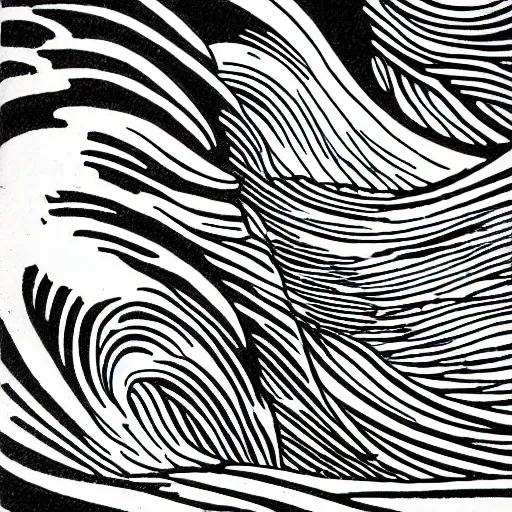 Prompt: line drawing of a crashing ocean wave, thin long fine lines, ultra detailed, woodblock print