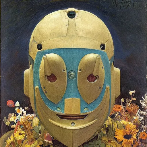 Image similar to a robot wearing a mask made of flowers, by annie swynnerton and diego rivera and nicholas roerich and jean delville, symbolist, dramatic lighting, elaborate geometric ornament, art brut, soft cool colors, smooth, sharp focus, extremely detailed, adolf wolfli and donato giancola