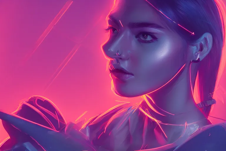 Image similar to photo of goddes of war in neon lighting, elegant, highly detailed, smooth, sharp focus, illustration, beautiful, geometric, trending on artstation, cinematic, artwork by Swanland, Raymond