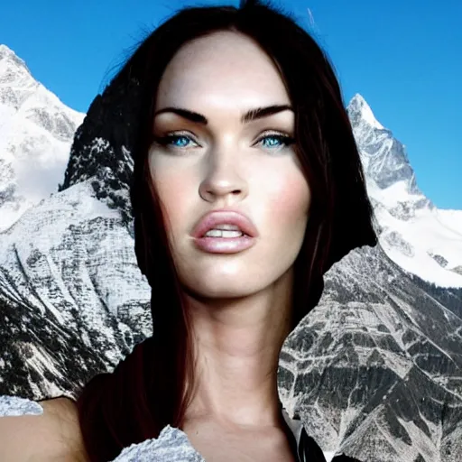 Image similar to double - exposure effect of megan fox face and beautiful mountains, in the style of dan mountford, amazing detail