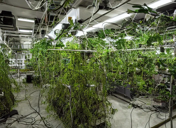 Image similar to tangled wires in a laboratory overgrown with plants