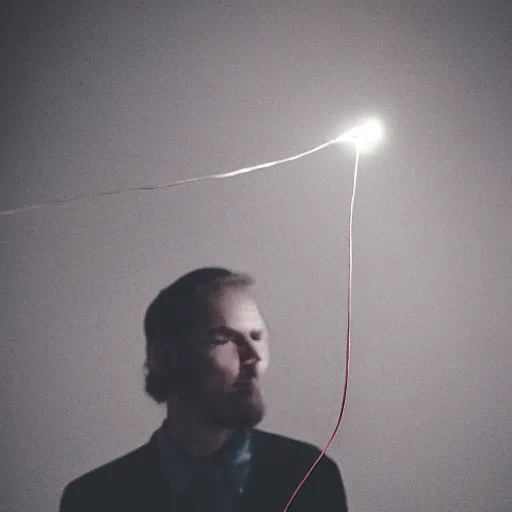 Image similar to a man of wire and smoke, in a red room, lit with one light, moody, atmospheric