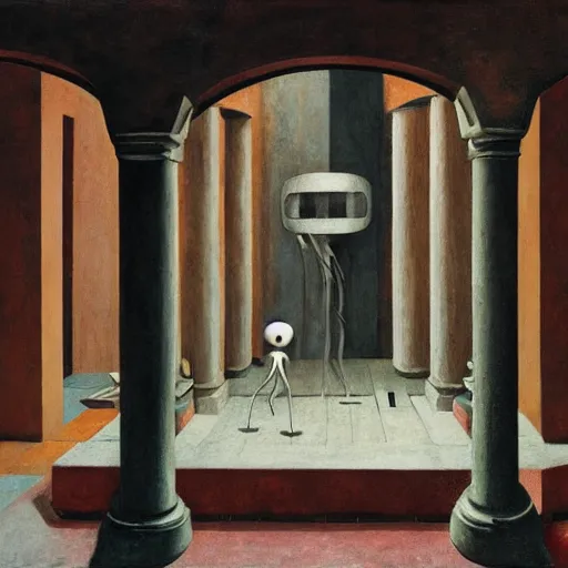 Prompt: a weeping robot in the center of a brutalist courtyard, surrounded by cloaked disciples in masks, colosseum interior, by PJ Crook and Edward Hopper