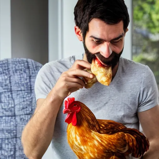 Prompt: Human eating a chicken but the chicken is not cooked