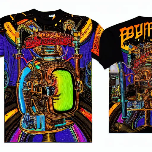 Image similar to mockup of a black tshirt with a hyperdetailed portrait of a steampunk robot by robert crumb, 8 k, symetrical, flourescent colors, happy trippy mood, multicolored,