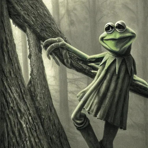 Image similar to highly detailed portrait of kermit the frog ((kermit the frog)) near a giant fallen sequoia tree. Fog. Painting by Caspar David Friedrich,Caravaggio, 4k, sepia tone