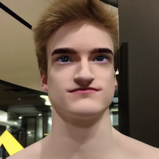 Image similar to “a realistic detailed photo of a guy who is an attractive humanoid who is half robot and half humanoid, who is a male android, twitch streamer Ninja Tyler Blevins, shiny skin, posing like a statue, blank stare, gaming room, close up”