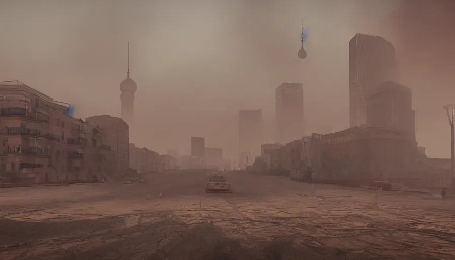 Prompt: berlin covered by sand during sandstorm, tornadoes, wind, damaged city, red light, hyperdetailed, artstation, cgsociety, 8 k
