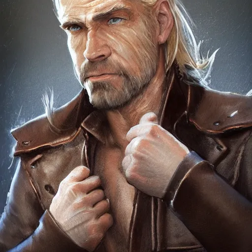 Prompt: portrait of a muscular, grim, ponytail haired blonde man in his late 30's, wearing a thick brown leather coat, looking to his side, scarred face, some beard, hunter, DnD character, fantasy character, digital art by Ruan Jia, Krenz Cushart, Rossdraws and Boris Vallejo