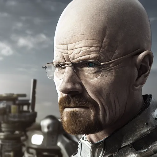 Image similar to Walter White wearing cybernetic battle armor, highly detailed, centered, concept art, 8k octane render