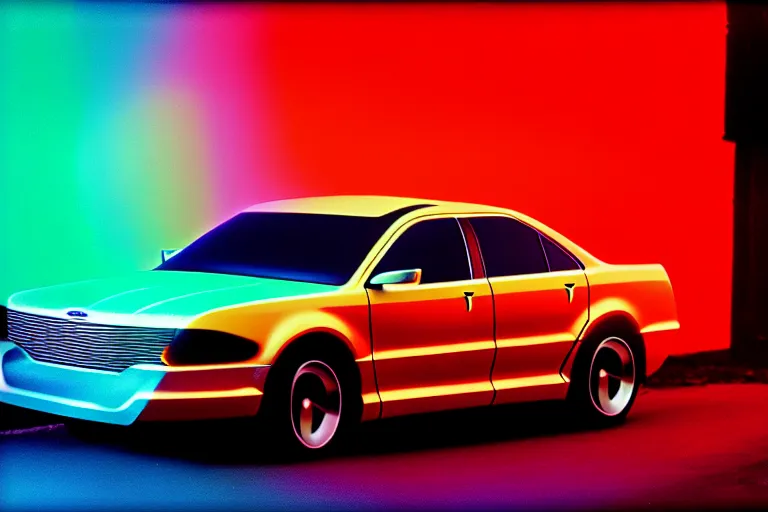 Prompt: stylized poster of a single ford taurus sho concept, thick neon lights, ektachrome photograph, volumetric lighting, f 8 aperture, cinematic eastman 5 3 8 4 film