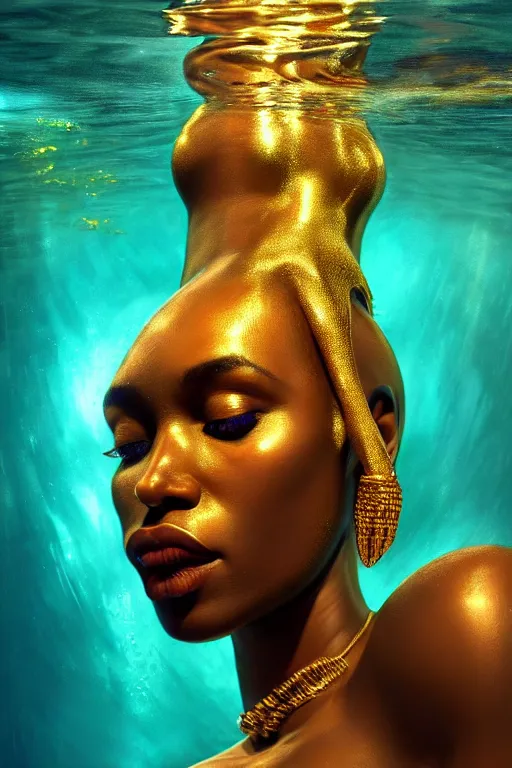 Image similar to hyperrealistic cinematic half underwater scene very expressive! translucent elegant african goddess full body, gold jewerly, highly detailed face, digital art masterpiece, aykut aydogdu eric zener, dramatic volumetric light, long shot, low angle uhd 8 k, sharp focus