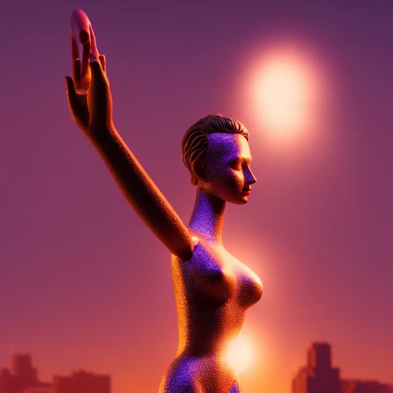 Prompt: mannequin lets out a colossal wide beam of magic into the horizon from her palm. extremely high details, solo, masterpiece, photorealistic, colorful, hyperrealism, cinematic, octane render, volumetric lighting, depth of field, bokeh, cgsociety by vincent desiderio, shaun downey, daniel e. greene