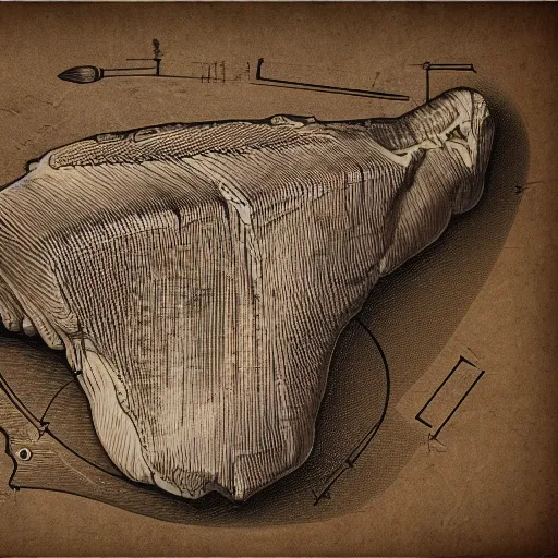 Image similar to highly detailed schematic of steak, da vinci