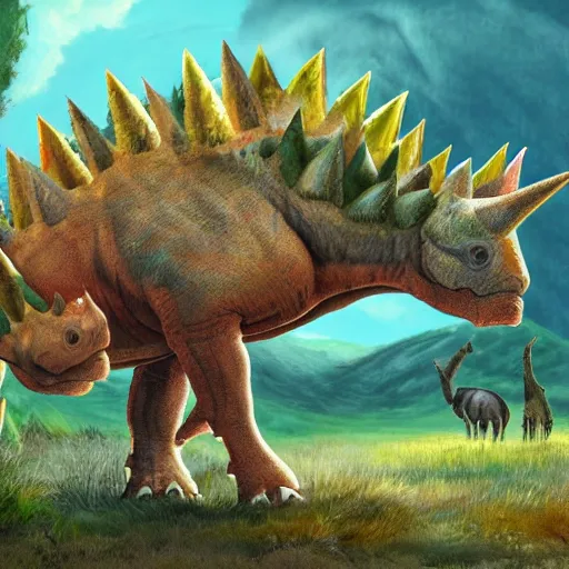 Prompt: hybrid animal mix between colorful stegosaurus and rhinocerous in prehistoric landscape detailed painting 4 k