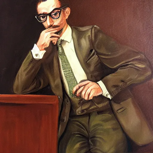 Prompt: ultra high detailed oil painting of a velociraptor wearing a nice suit and glasses in a very nice english study holding a book