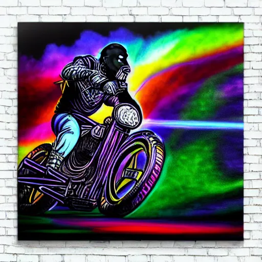 Prompt: psychedelic blacklight airbrush artwork, hyper stylized action shot of an orc biker riding a motorcycle, clear focused details, radical 9 0 s, soft airbrushed edges and gradients on a black background