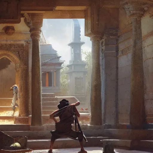 Image similar to indiana jones stealing a catalytic convertor, that is on a trapped pedastal, from inside a temple, painted by greg rutkowski