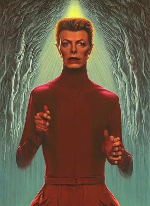 Prompt: twin peaks poster art, portrait of david bowie lost in the labyrinth of the red room, other dimension, this is his fate for the next two years, by michael whelan, rossetti bouguereau, artgerm, retro, nostalgic, old fashioned