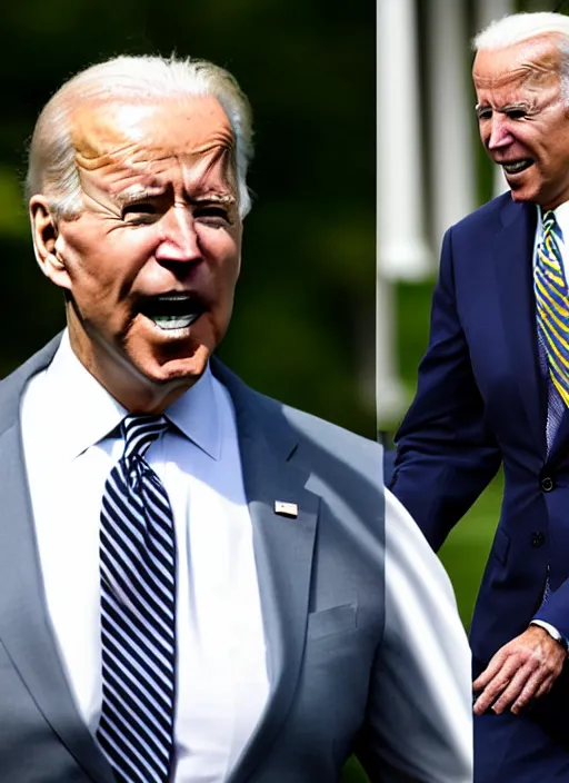 Image similar to joe biden is running terrified from a monster from predator that is chasing him on the white house lawn during a storm, photoealistic, scary