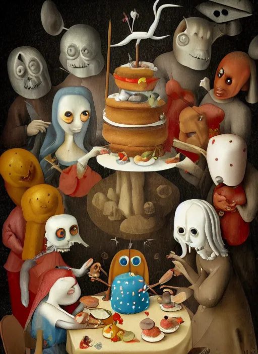 Image similar to fnafs eating cakes painted by hieronymous bosch, detailed digital art, trending on Artstation